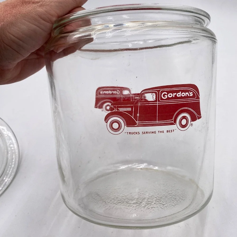 Gordons Potato Chips Vintage Glass Canister Jar Clear Red Truck Advertising SEO